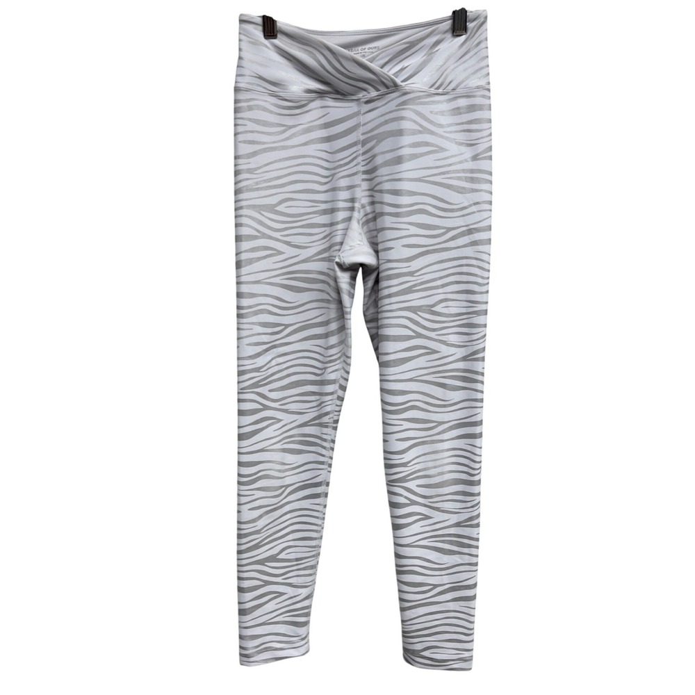 Year of Ours Womens Silver Metallic Zebra Crossover V-Waist Leggings White Small